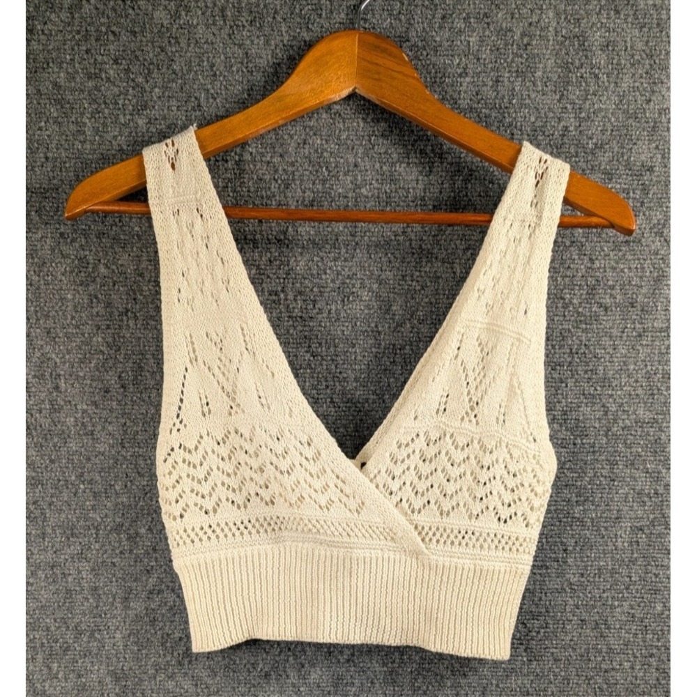 Jolie & Joy Crochet Knit Crop Top Medium Ivory Lace Up Back Boho Festival